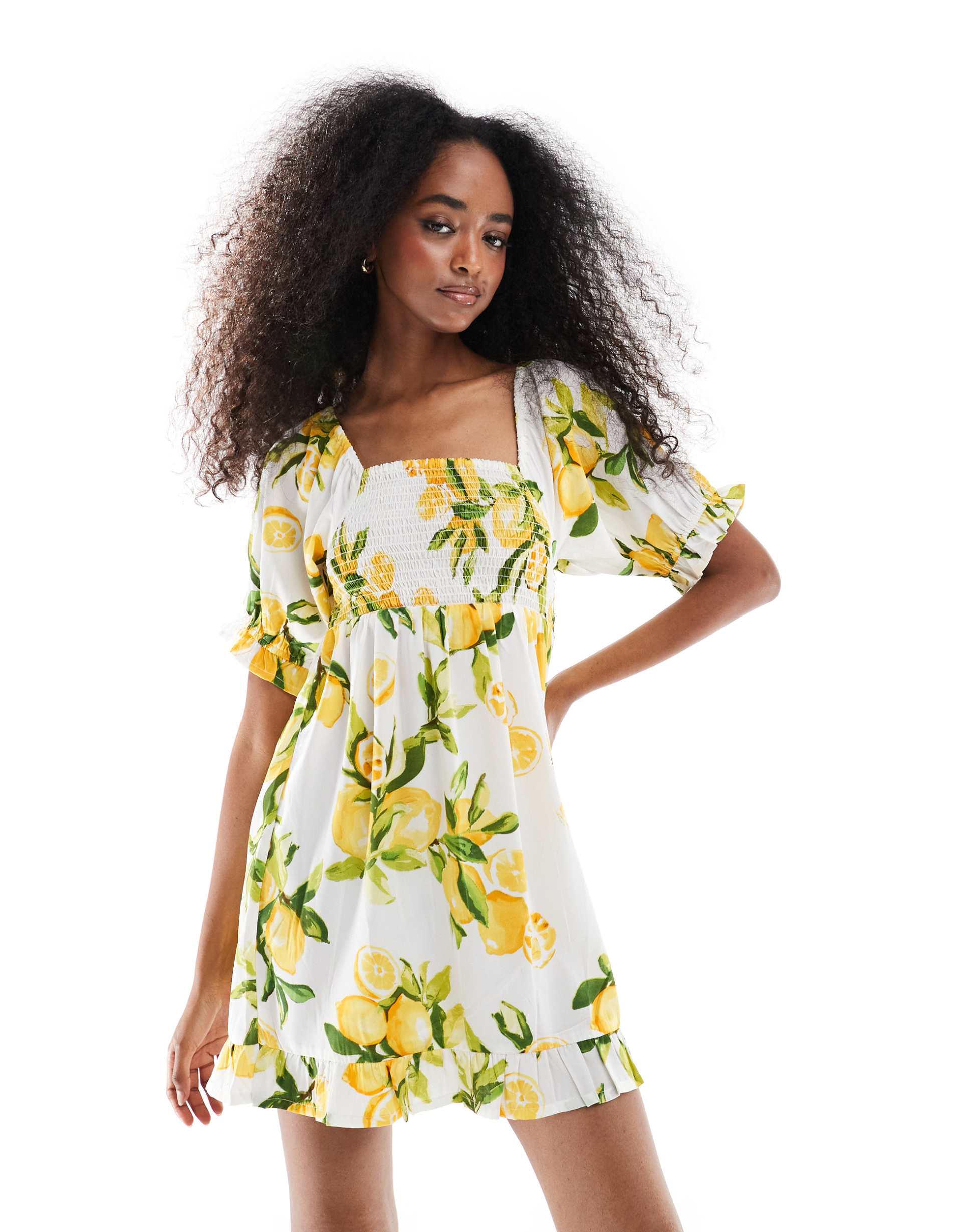 wednesday's girl citrus print puff sleeve mini dress in yellow