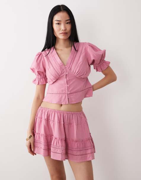 Wednesday's Girl co-ord broderie tiered mini skirt in dusty pink - view 1