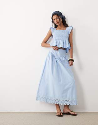 Wednesday's Girl Wednesdays Girl Co-ord Poplin Ruffle Edged Midaxi Skirt In Blue