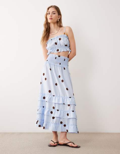 Wednesdays Girl co-ord ruffle edged tiered midaxi skirt in blue brown polka dot - view 1