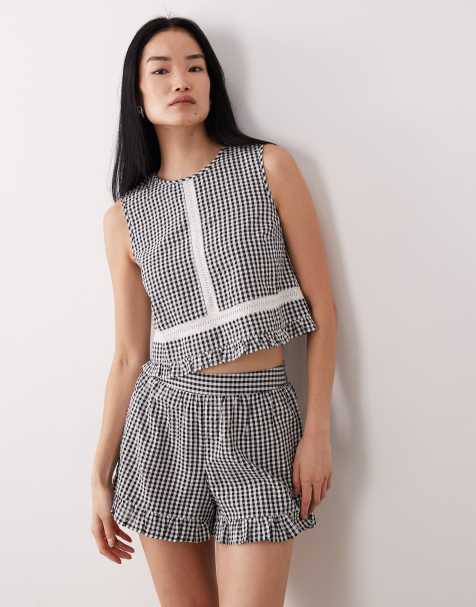 Wednesday's Girl co-ord sleeveless smock top with broderie detail in black gingham