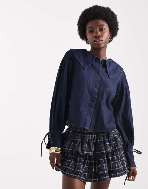 Wednesday's Girl collar detail denim shirt in navy - view 1