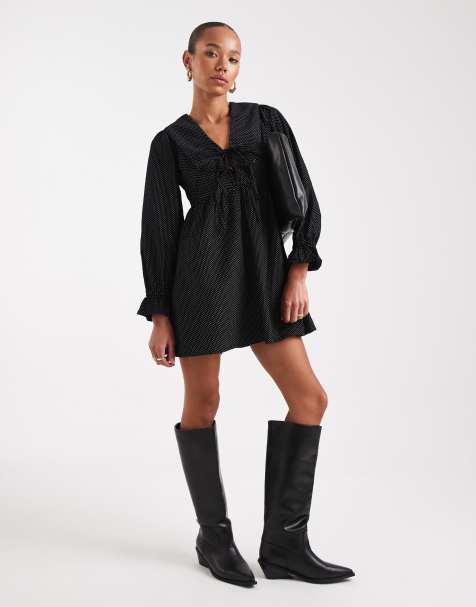 Wednesday's Girl collar detail dot cord mini smock dress in black - view 1