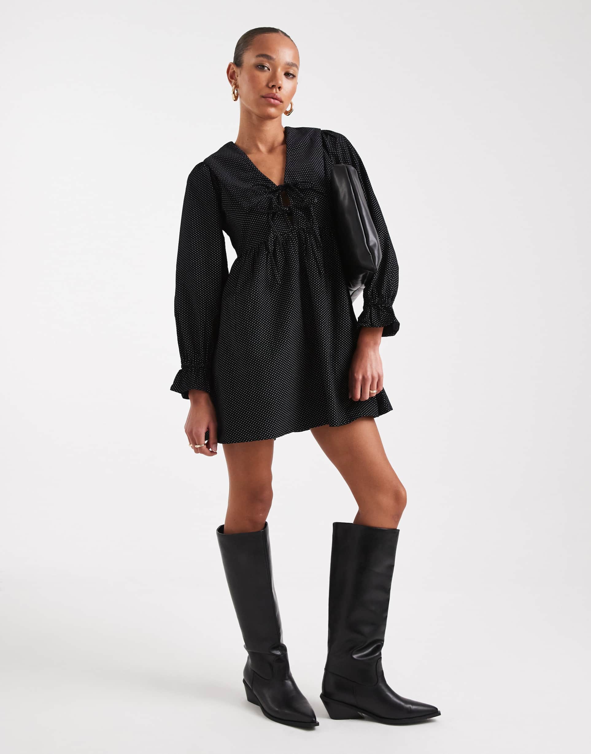 wednesday's girl collar detail dot cord mini smock dress in black