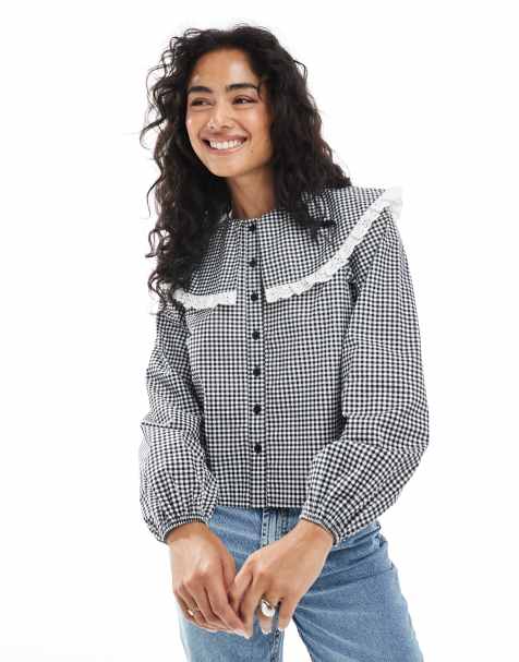 Wednesday's Girl collar detail gingham blouse in black - view 1