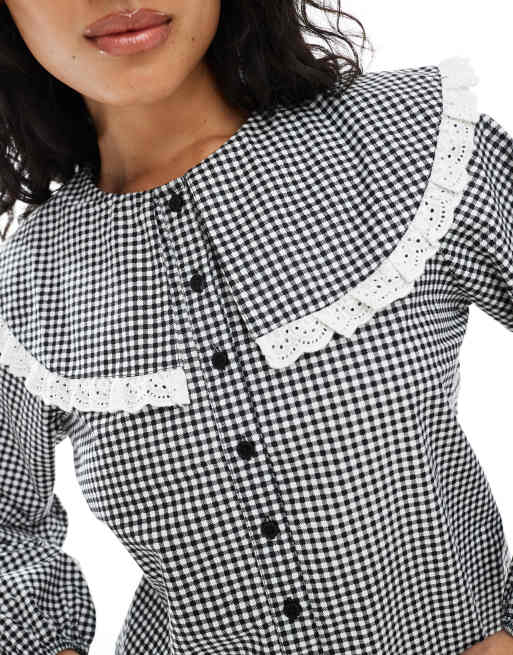 Wednesday's Girl collar detail gingham blouse in black | ASOS