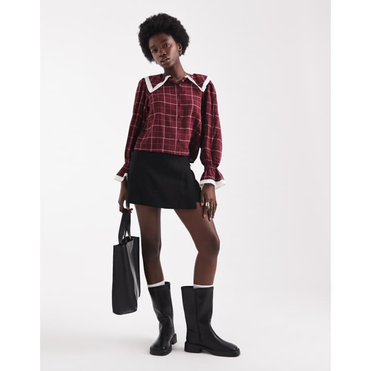 トップス DND4DES Gothic Graphic Plaid-Collar Polo Wednesday's Girl collar detail grid plaid blouse in burgundy
