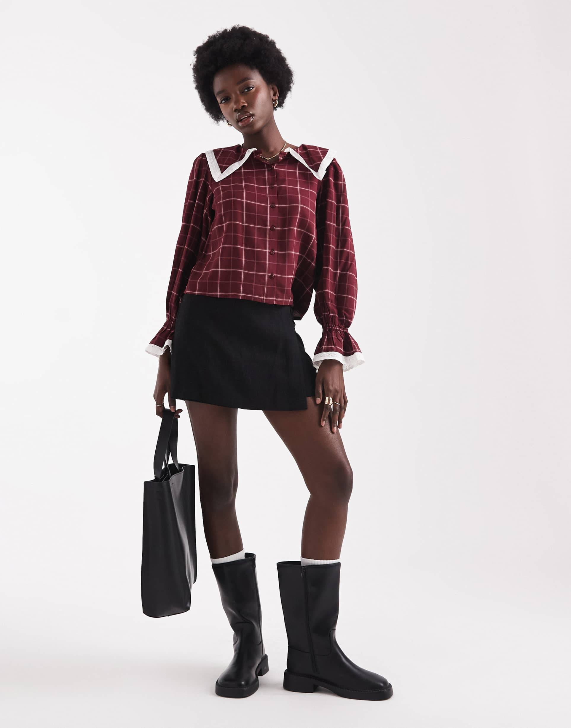 wednesday's girl collar detail grid plaid blouse in burgundy