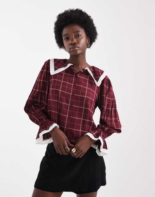 Wednesday's Girl collar detail grid plaid blouse in burgundy