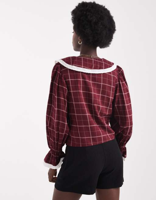 Wednesday's Girl collar detail grid plaid blouse in burgundy
