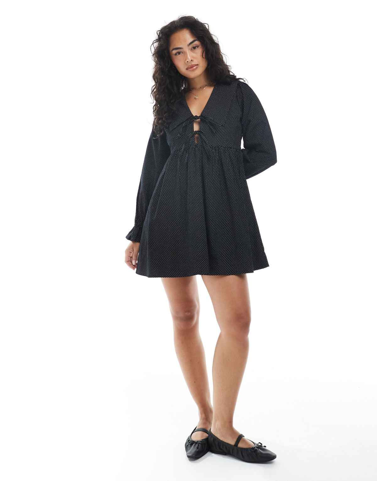 Wednesday's Girl collar detail mini dot cord smock dress in black
