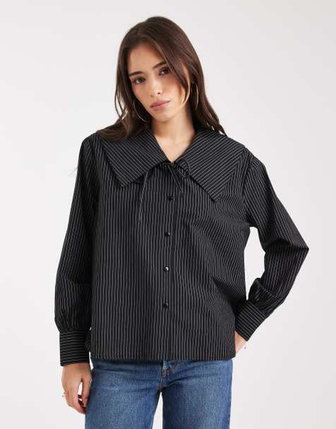 Wednesday's Girl collar detail pinstripe oversized blouse in black - view 1