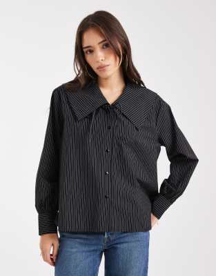 Wednesday's Girl Collar Detail Pinstriped Oversized Blouse In Black