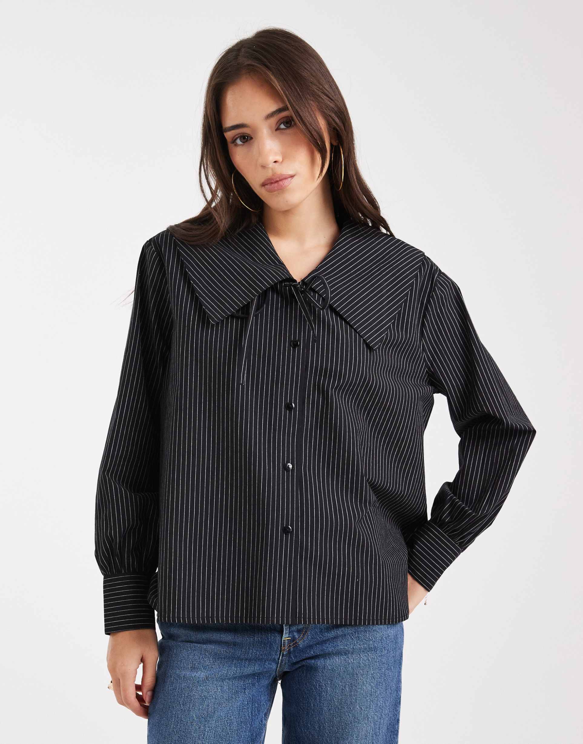 wednesday's girl collar detail pinstriped oversized blouse in black
