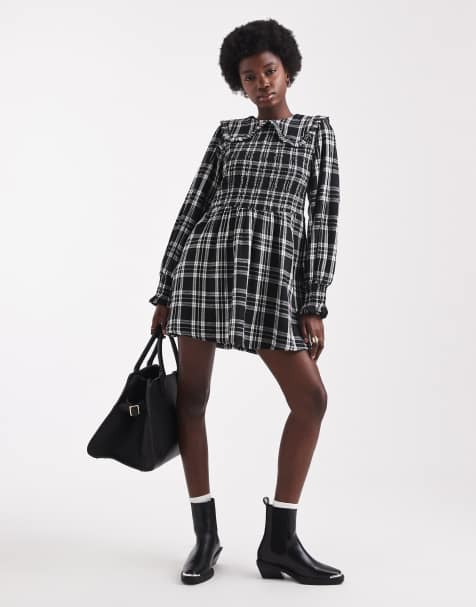 Wednesday's Girl collar detail plaid mini shirred smock dress in black - view 1