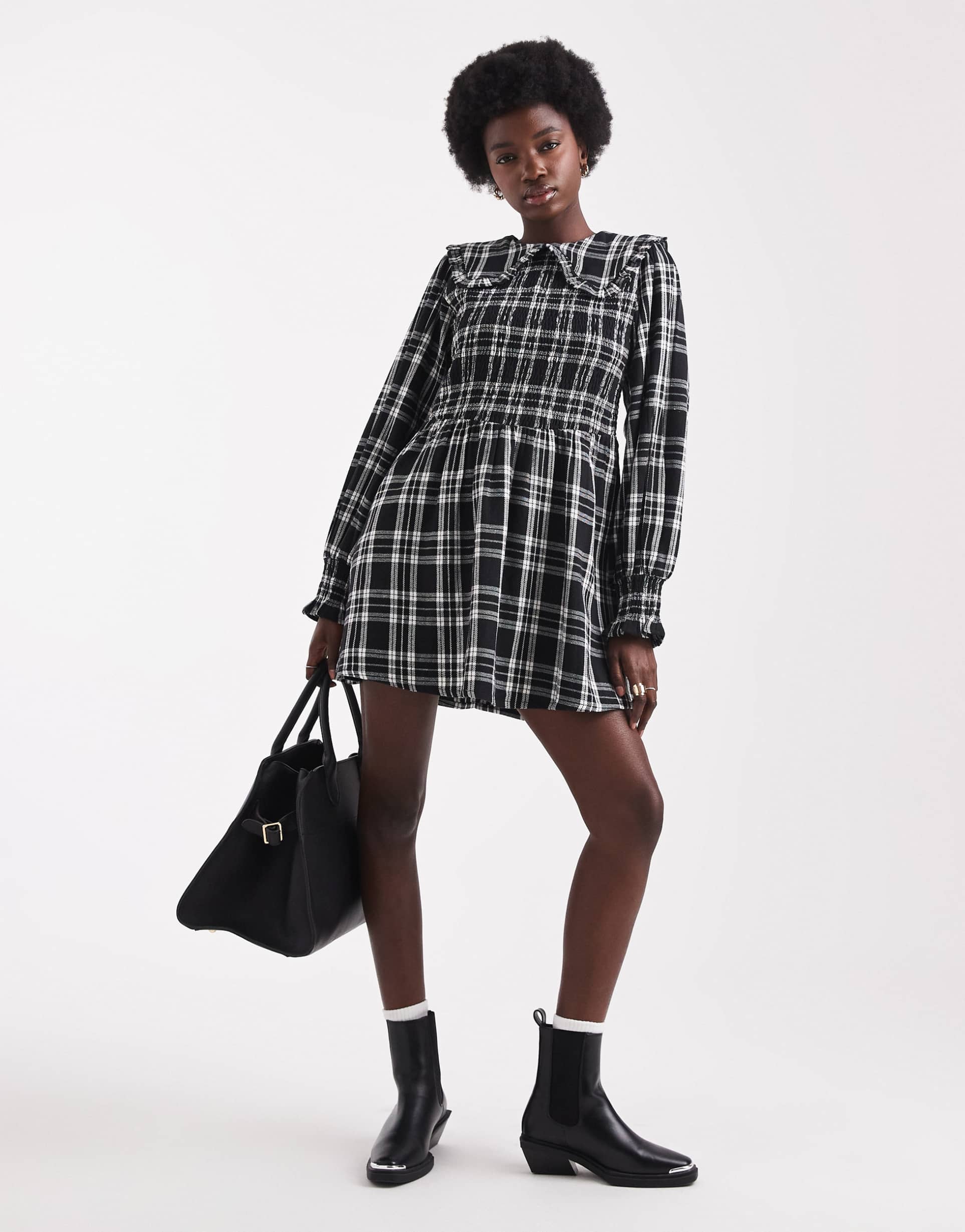wednesday's girl collar detail plaid mini shirred smock dress in black