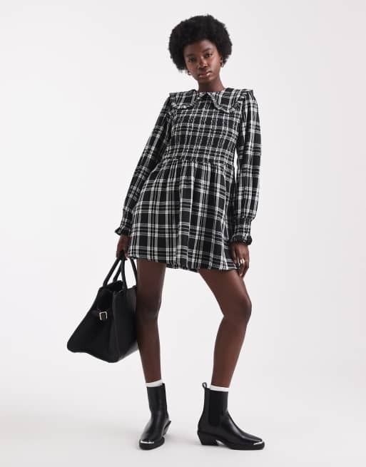 Wednesday's Girl collar detail plaid mini shirred smock dress in black 