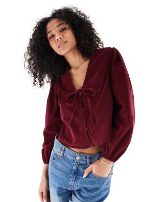 Wednesday's Girl Collar Detail Puff Sleeve Cord Blouse In Red