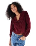 [Wednesday's Girl] Wednesday's Girl collar detail puff sleeve cord blouse in burgundy-Red M BURGUNDY