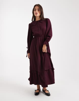 Wednesday's Girl Collared Button Up Long Sleeve Dress In Burgundy