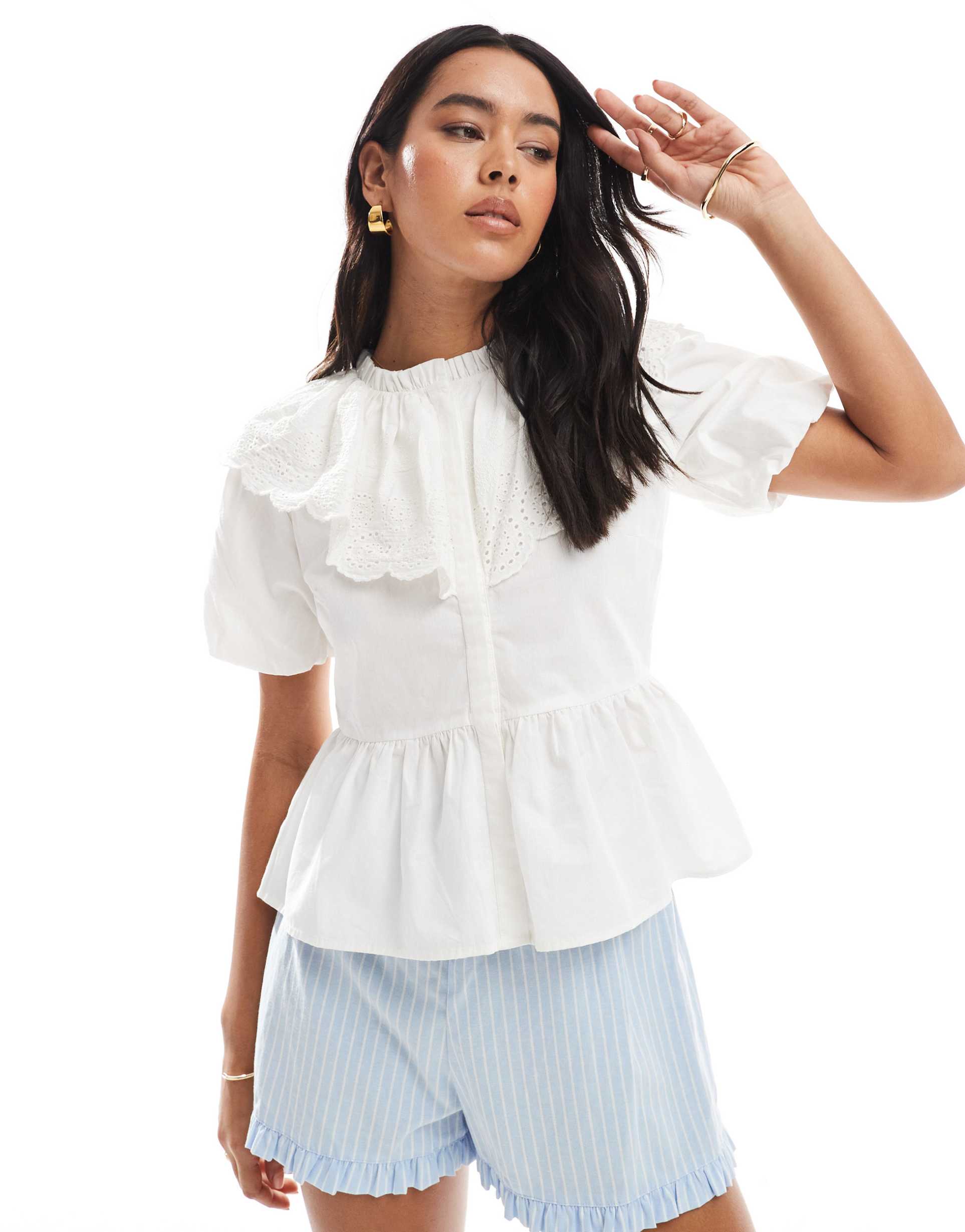 wednesday's girl collared cotton puff sleeve blouse in white