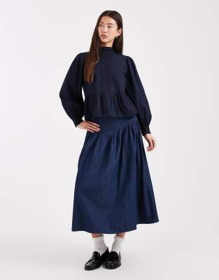 Wednesday's Girl Collared Long Sleeve Peplum Top In Blue