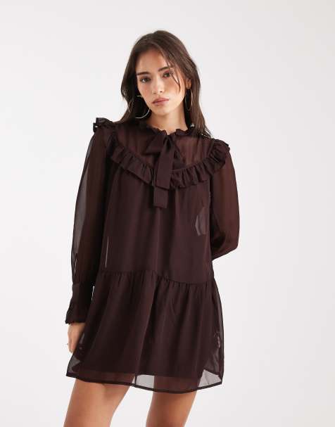 Wednesday's Girl collared ruffle long sleeve mini dress in chocolate brown - view 1