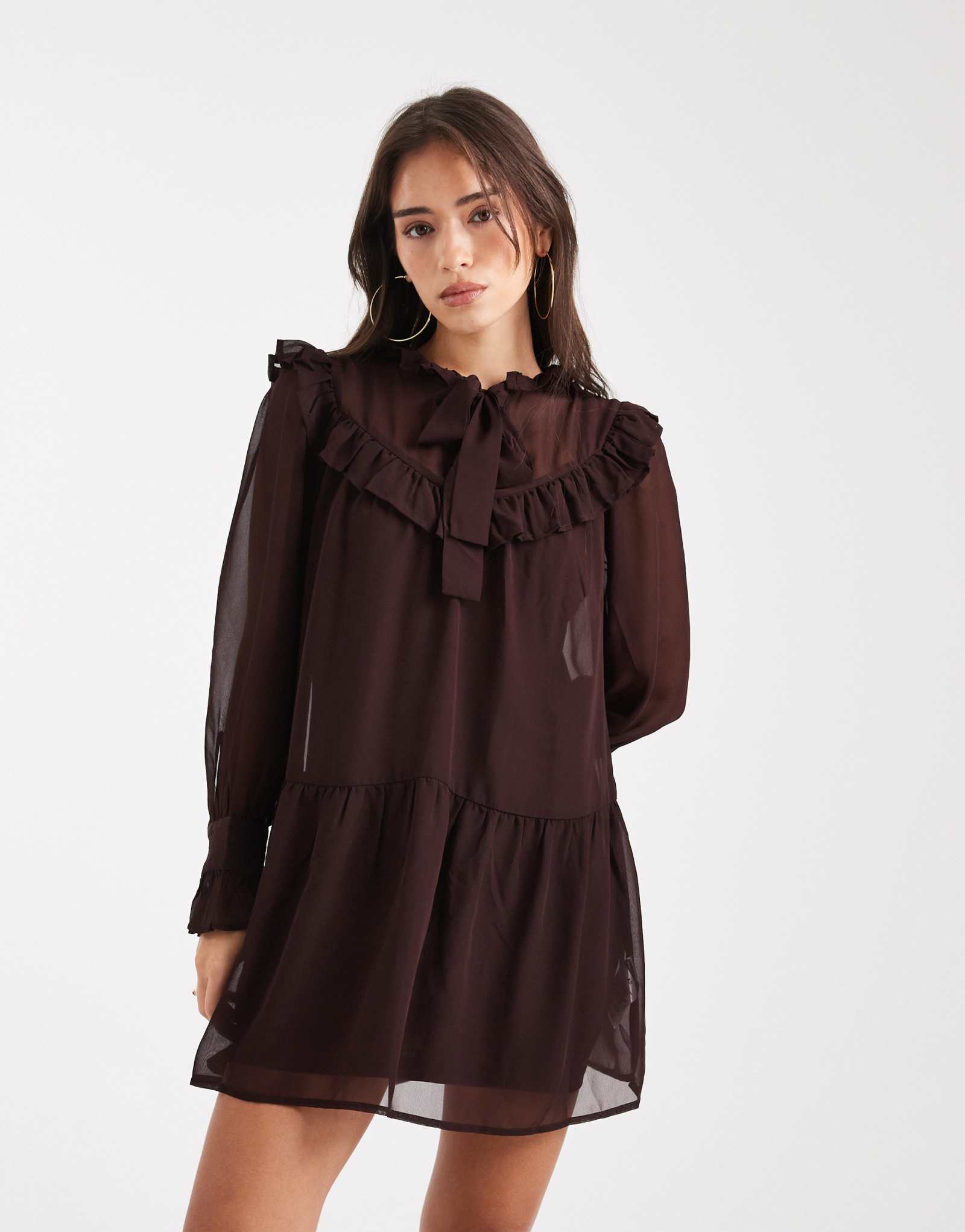 Мини-платье с рюшами и длинными рукавами для девочек в среду шоколадно-коричневого цвета