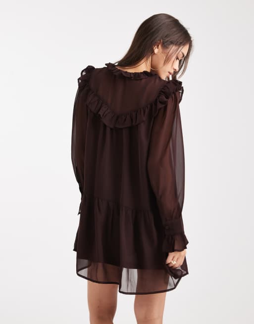 long sleeve brown ruffle dress Brown Embellished Long Sleeve Trapeze Dress with Ruffle Hem