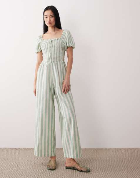 Wednesday's Girl - Combinaison froncée à manches courtes en coton - Vert à rayures - view 1