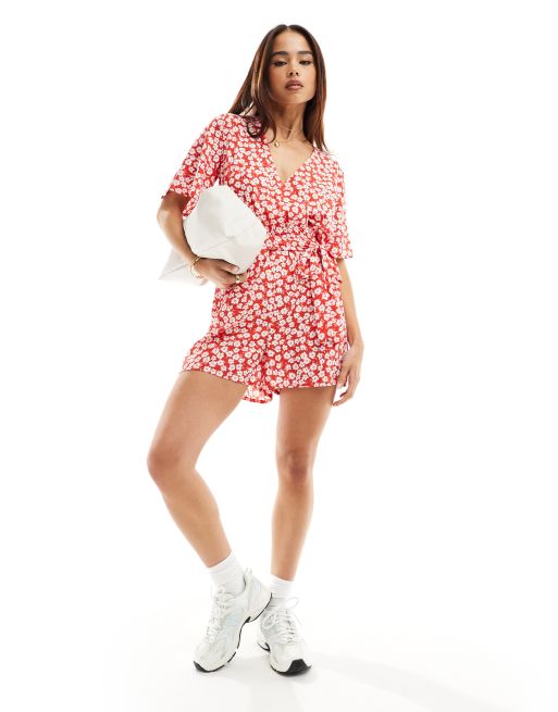 Wednesday's Girl - Combishort à imprimé fleurs et effet cache-cœur - Rouge 