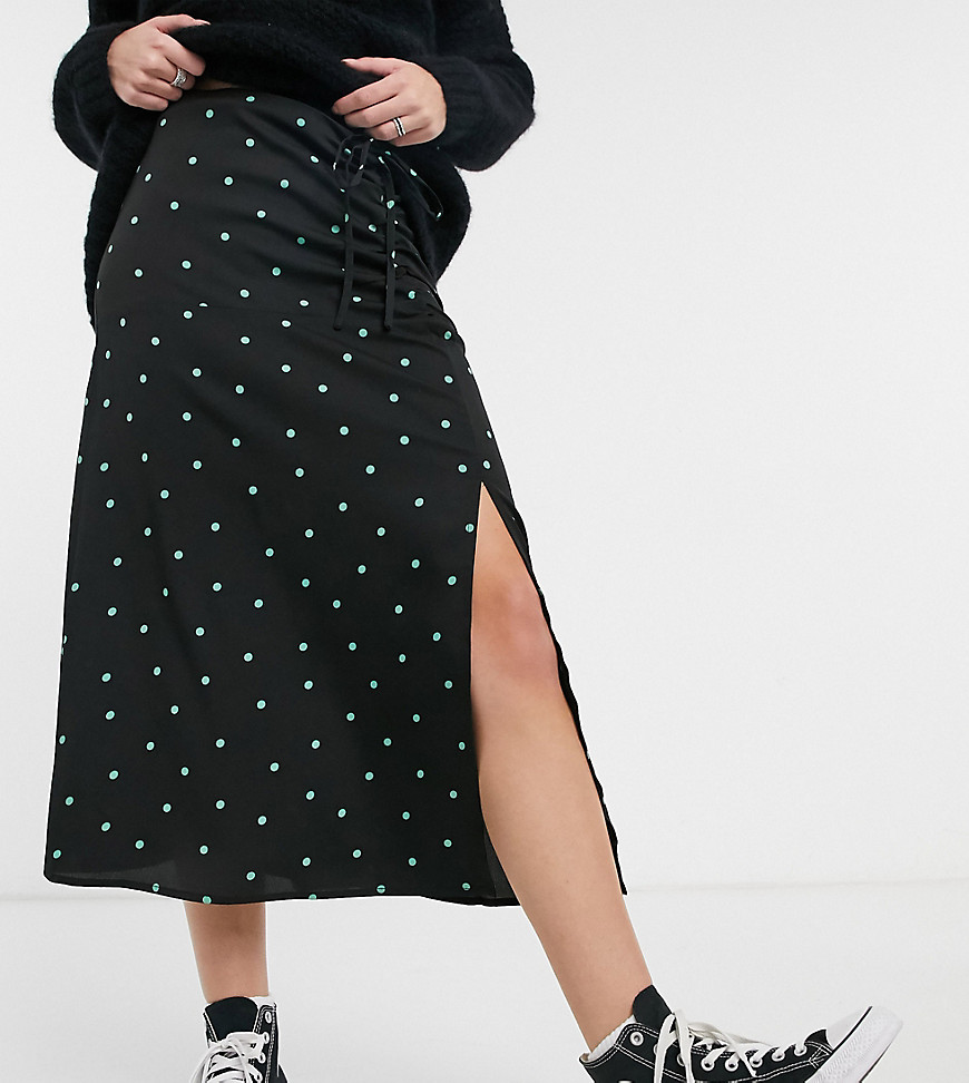 Wednesday's Girl coordinating midaxi skirt with front slit in scattered polka dots-Black