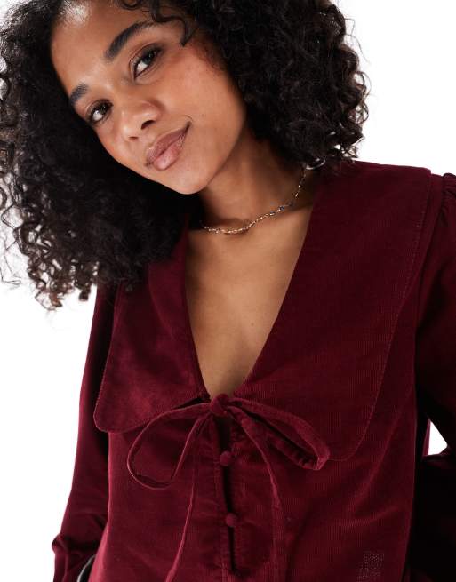 Wednesday's Girl collar detail puff sleeve cord blouse in burgundy