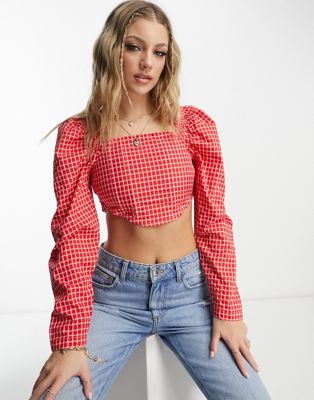 Wednesday's Girl Corset Detail Crop Top In Red Check