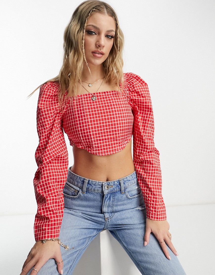 Wednesday’s Girl corset detail crop top in red check