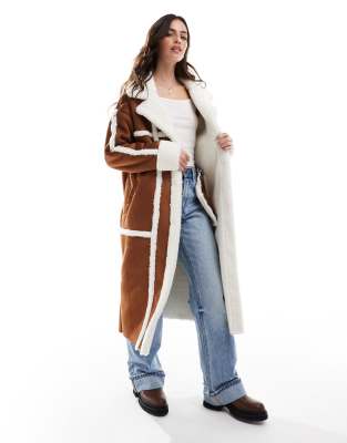 cozy faux shearling suede longline coat in tan and cream-Brown