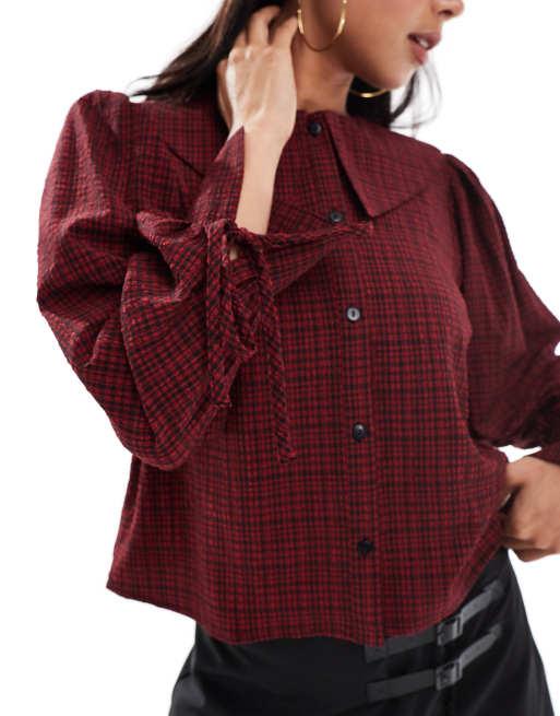 crinkle nel check ruffle blouse RED Red Floral Print Tie Front