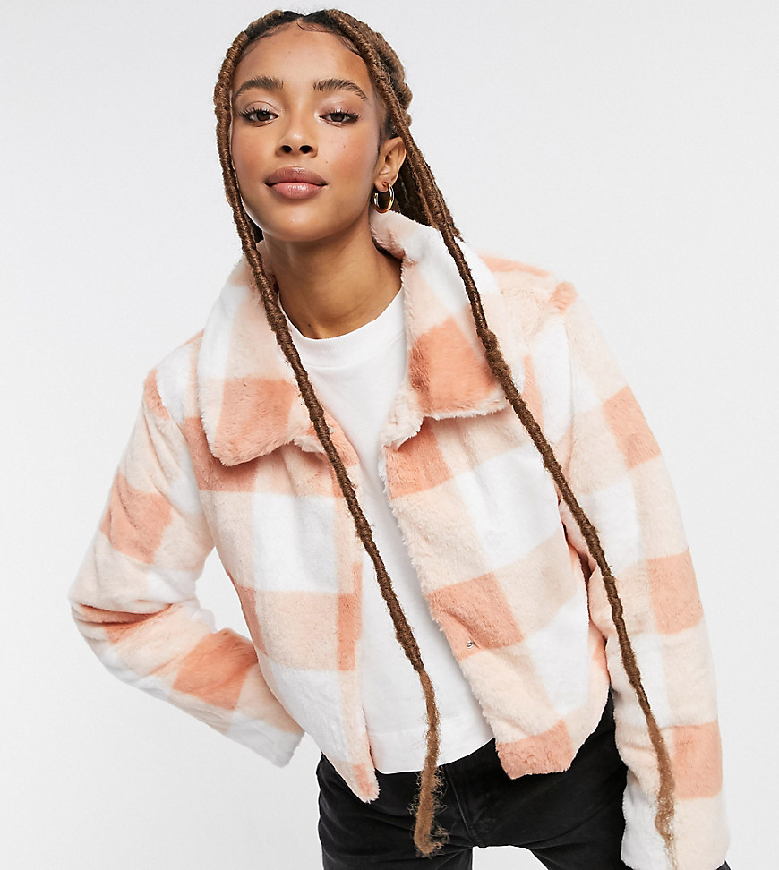 Wednesday's Girl crop jacket in faux fur check-Pink