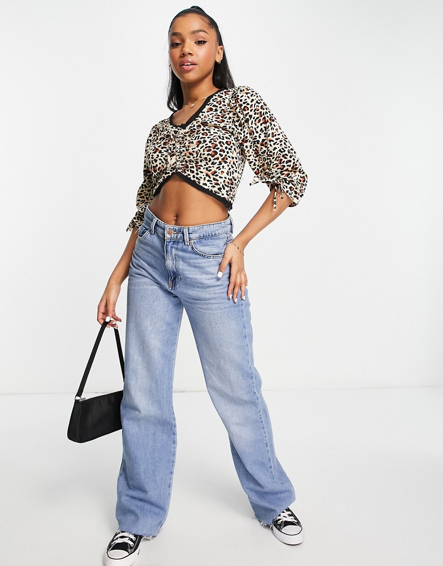 Wednesday's Girl crop puff sleeve blouse in leopard with lace trim-Multi