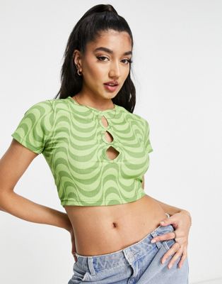 Wednesday's Girl Crop T-shirt With Cut Out Detail In Green Wavy Print