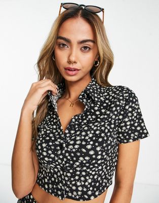 Wednesday's Girl cropped 90s shirt in black ditsy co-ord
