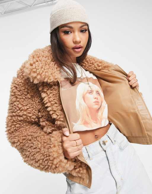 Wednesday s Girl cropped boxy jacket in brown fluff