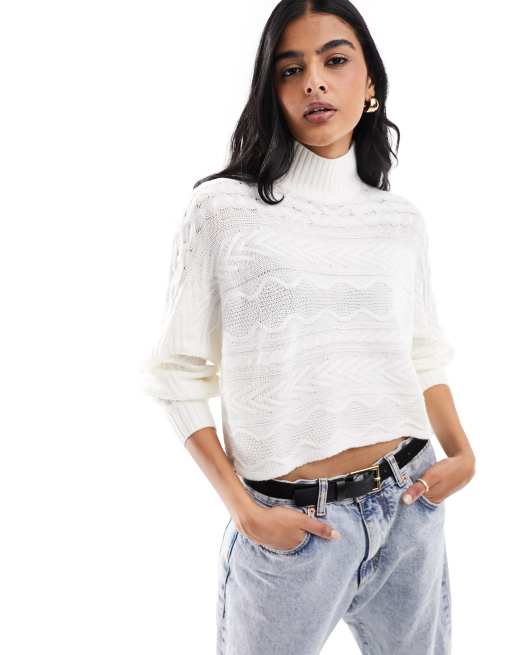 Hollister Size XS Off White Cropped Chunky Cable Knit Mock Neck Sweater