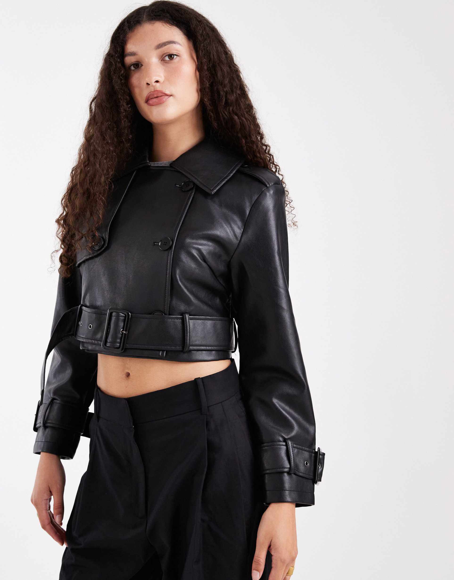 wednesdays girl cropped faux leather jacket in black