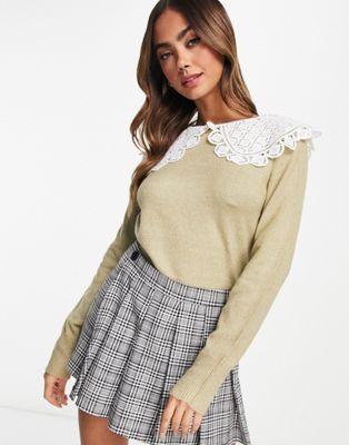 Wednesday's Girl cropped jumper in taupe with oversized lace collar