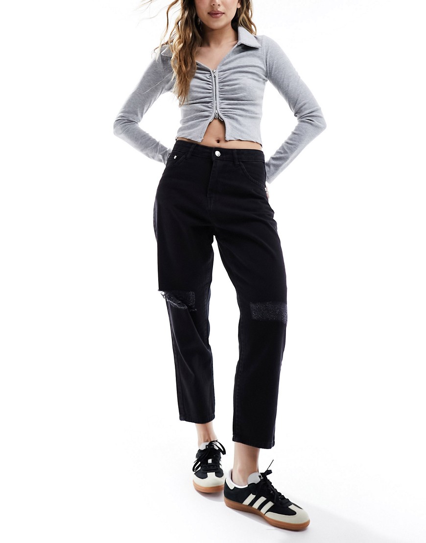 Wednesday’s Girl cropped mom jeans with distressed knees in black