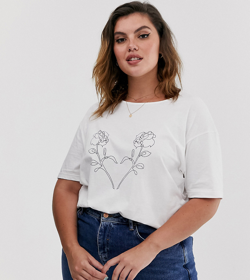 Wednesday's Girl curve afslappet  t-shirt med rose/hjerte-print-Hvid