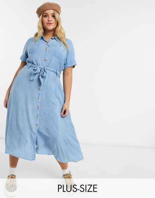 Wednesday's Girl Curve belted midi dress in denim-Blue