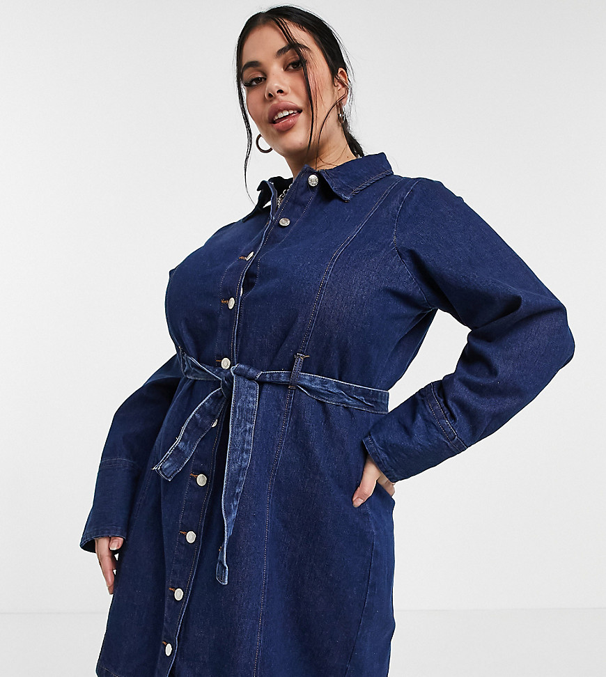 Wednesday's Girl Curve belted mini dress in denim-Blues