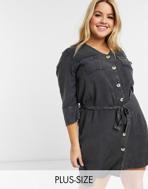 Wednesday's Girl Curve belted mini dress with faux horn buttons in denim